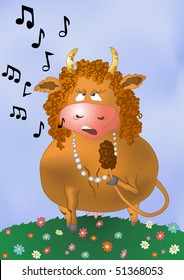 The red cow on a green meadow sings a song