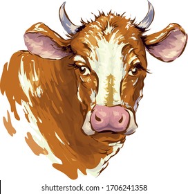 Red cow on a white background. Sketch. Cow head, freehand drawing, vector image.