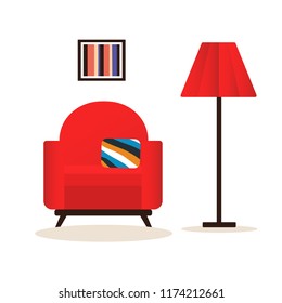 Red cozy chair isolated on white background. Empty seat for employee. Furniture icon. Vector illustration. Flat style design