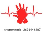 Red CPR icon with hand symbol and heartbeat line on white background. Clipart image isolated on background.