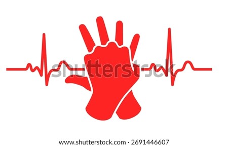 Red CPR icon with hand symbol and heartbeat line on white background. Clipart image isolated on background.