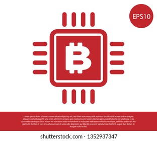 Red CPU mining farm icon isolated on white background. Bitcoin sign inside microchip. Cryptocurrency mining community. Digital money. Vector Illustration