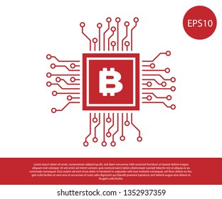 Red CPU mining farm icon isolated on white background. Bitcoin sign inside processor. Cryptocurrency mining community. Digital money. Vector Illustration