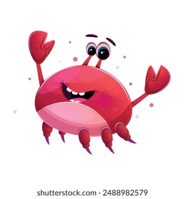 Red crab with a big smile and expressive eyes, waving its claws in the air. The cartoon-style character stands out against a white background