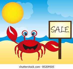 red crab cartoon in the beach landscape. vector