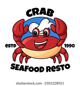 Red Crab Cartoon Mascot Wearing a Chef Hat. Can be Used for Seafood Restaurant Logo, Cute Cartoon, Doodle Style