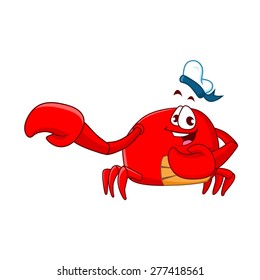 Red Crab cartoon wearing sailor hat pointing 