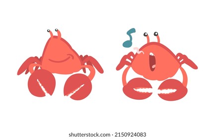 Red Crab Character as Aquatic Mammal with Pair of Pincers Smiling and Singing Vector Illustration Set