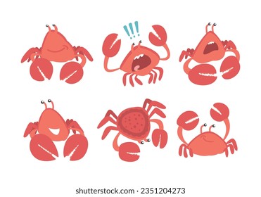 Red Crab Character as Aquatic Mammal with Pair of Pincers Vector Set