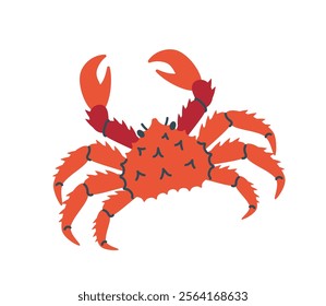 Red crab with claws, spiky details, and a cartoonish style, isolated on a white background, ideal for marine life, seafood, or coastal designs. Flat cartoon vector illustration