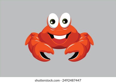 Red crab with cute and realistic eyes and claws. Sea creature with pincers isolated on purple background. cute smiling lobster