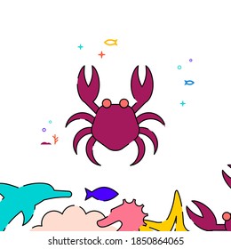 Red crab filled line vector icon, simple illustration, sea world, marine life related bottom border.