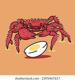 A red crab finds half of a boiled egg