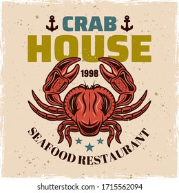 Red crab house vector colored typography emblem, badge, label or logo in vintage style for restaurant menu. Isolated illustration on background with removable grunge textures