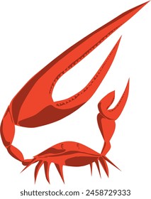 Red crab with huge claw schematic simple image in two colors. Vector illustration ninja crab with raised claws without face without effects on transparent background