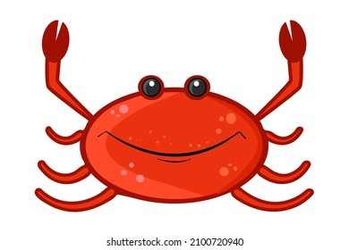 Red crab isolated on white background.Funny cartoon crab.Character smiling crayfish with claws. Cute wildlife cancer mascot. Sea animal.Water creature with pincers. Smiling lobster.Vector illustration