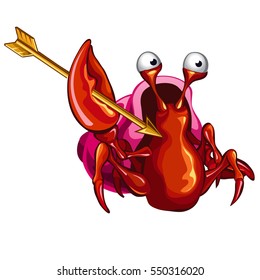 Red crab keep in the claws Golden arrow. Cartoon marine animals isolated on a white background. Vector illustration close-up.
