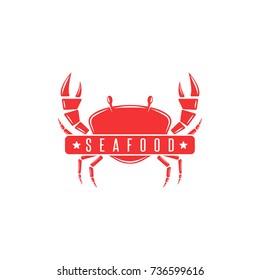 Red crab logo silhouette of a crustacean, seafood menu emblem, fresh crab meat advertising banner