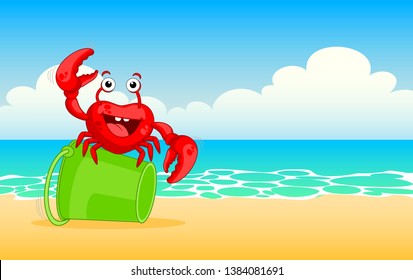 Red crab on beach . Vector illustration - crab on sea