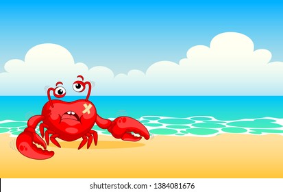 Red crab on sea beach. Very tired crab, beaten red crab. Vector illustration