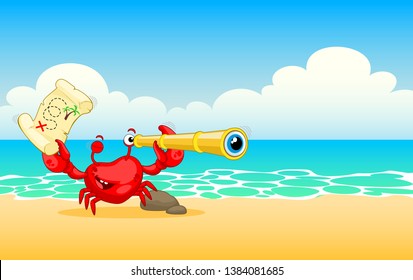 Red crab on sea beach. Funny crab with a treasure map and a telescope. Red crab is looking for treasure. Vector illustration