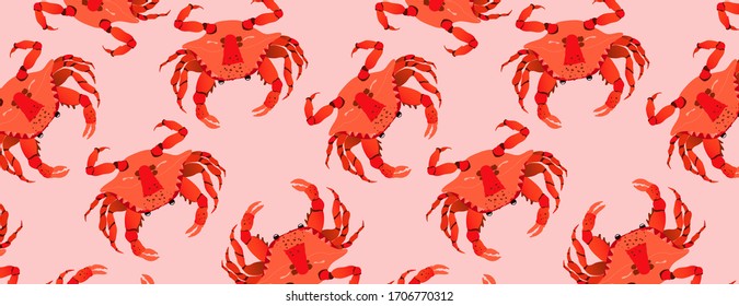 Red crab pattern. Hand-drawn modern vector pattern design for web, textile, wallpapers. Seafood and shellfish conceptual drawing. High protein food. Boiled crab texture.