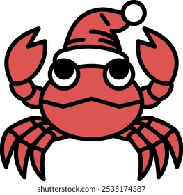 A red crab with a Santa hat on its head. The crab is wearing a red hat and he is in a festive mood