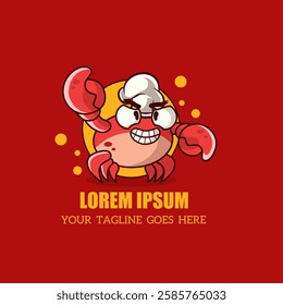 Red Crab Seafood Restaurant Vector Logo Illustration. Cartoon character red crab chef.