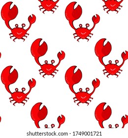Red crab seamless pattern on white background. cartoon style, vector illustration