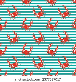 Red crab seamless pattern on colorful background. Vector illustration.