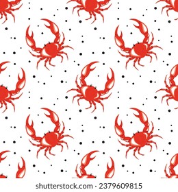 Red crab seamless pattern on white background. Vector illustration.