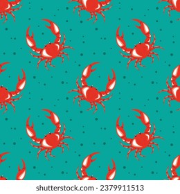 Red crab seamless pattern on colorful background. Vector illustration.