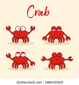 Red Crab Set Vector Illustration Clip art. Crabs in different poses and emotions. Element for design.