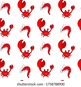 Red crab and shrimp seamless pattern on white background. cartoon style, vector illustration	
