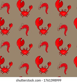 Red crab and shrimp seamless pattern on beige background. cartoon style, vector illustration. 