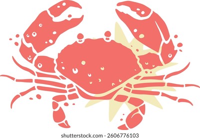 Red crab silhouette. Hand drawn emblem. Seafood block print or stamp. Sea life art. Packaging or label design asset. Vector illustration isolated on transparent background.