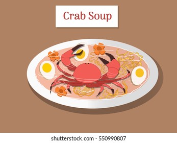 Red crab soup with eggs and noodles in white plate