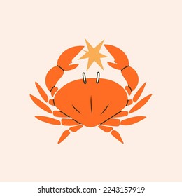 Red crab with star. Colorful isolated icon. Logo, print template. Seafood, shellfish concept. Cancer constellation zodiac sign. Hand drawn Vector illustration