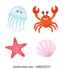 Red crab and starfish, cute jellyfish vector. Tropical characters with faces, shell mollusk marine dwellers. Pink and blue oceanic creatures seafood