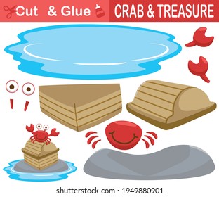 Red crab with treasure chest in the stone. Education paper game for children. Cutout and gluing. Vector cartoon illustration