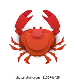 Red crab in trendy paper cut craft graphic style. Cartoon sea animal. Modern design for advertising, branding greeting card, cover, poster, banner. Vector illustration.