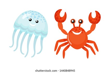 Red crab waving claws and smiling vector, jellyfish summer character. Oceanic natural creatures with face smiling, medusa with tentacles and smile