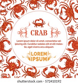 Red crabs background with round frame. Vector seafood menu template. There is place for your text in the center.