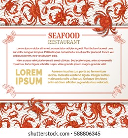 Red crabs background. Seafood menu template. There is place on white horizontal paper for your text.