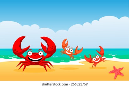 Red Crabs. Crabs On A Beach, Vector Illustration. Family Of Crabs.