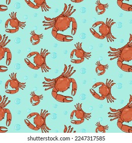 Red crabs in a pattern.Vector pattern of red crabs and water bubbles on a colored background.