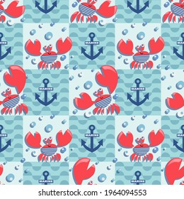 Red crabs. Sea waves. Vector background. Bright crabs on marine checkered background. 