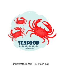 Red crabs seafood restaurant label with splash and text isolated on white background. Sea water animal icon with claws. Design element for emblem, menu, logo, sign, brand mark