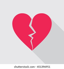 Red cracked broken heart flat icon on gray background. Vector illustration in eps8 format.