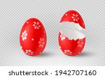 Red cracked egg isolated on checkered background. Realistic egg shells. Vector illustration with 3d decorative object for Easter design.